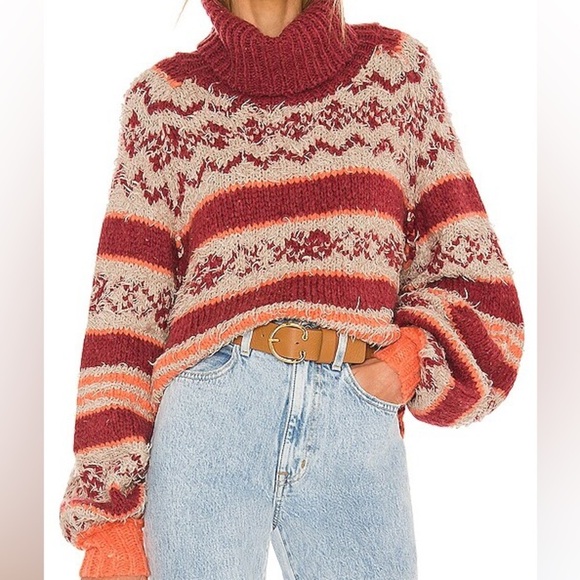 Free People Check Me Out Pullover Red White Sz XL - Picture 1 of 9